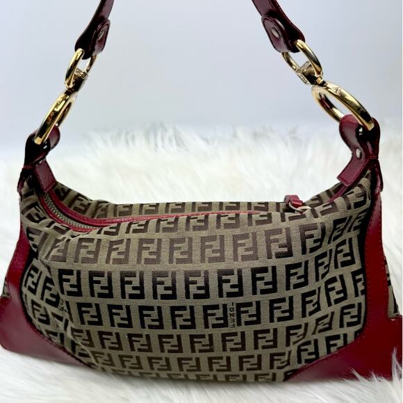 💎✨BEAUTIFUL✨💎Authentic Fendi Zucchino Canvas Leather Red and Brown - Picture 3 of 10